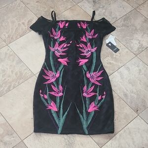 Guess Black and Pink Off-the-Shoulder Bodycon Mini Dress
